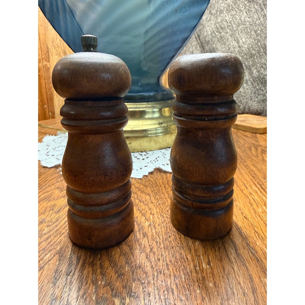 Vintage Dark Wood Salt Shaker and Pepper Mill Set Traditional Turned Wood Pair